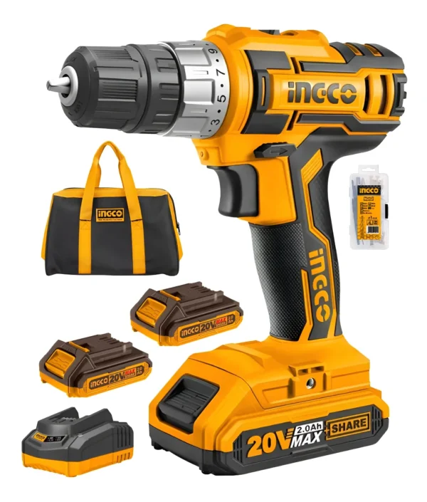 Taladro Atornillador Inalámbrico Ingco Cdli2002 Industrial 20v 10mm + 2 Baterías 2ah + Cargador