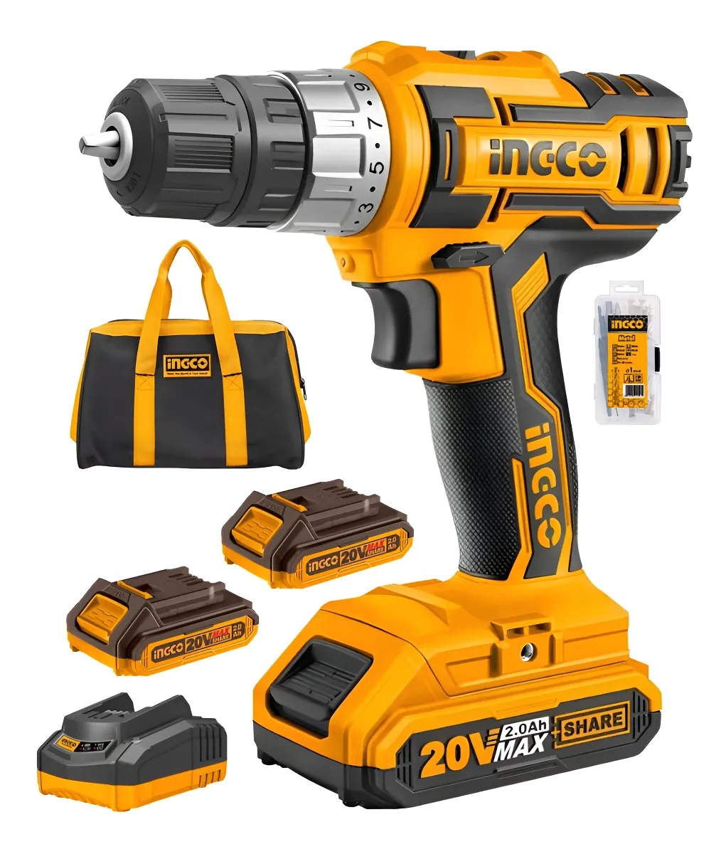 Taladro Atornillador Inalámbrico Ingco Cdli2002 Industrial 20v 10mm + 2 Baterías 2ah + Cargador