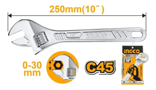 Llave Francesa Ajustable Ingco 10  Apertura 30mm